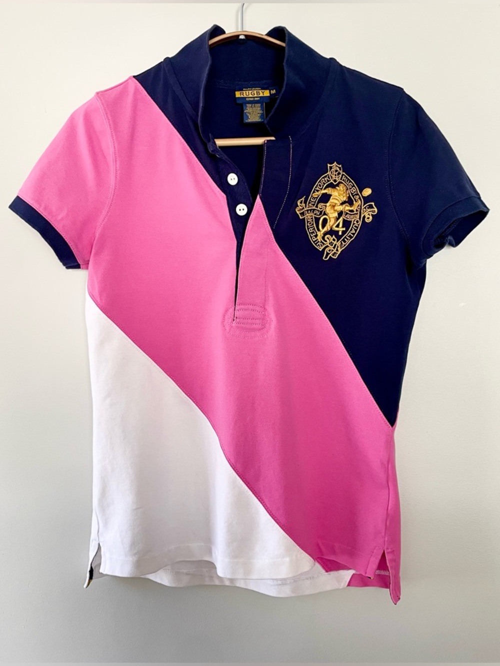 Vintage Ralph Lauren Rugby Colorblock Crest Polo Shirt Navy Pink White Archive S
